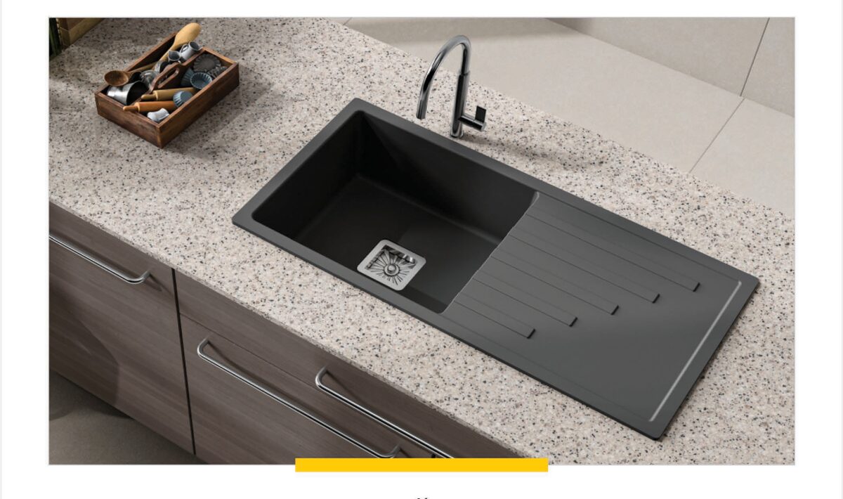 Lime Stone 36 by 18 inch quartz kitchen sink with drainboard installed